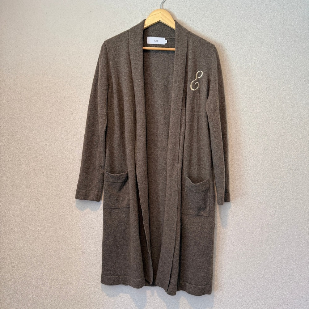 RH Brown 100% Cashmere Duster Cardigan Open Front Initial S Size Medium